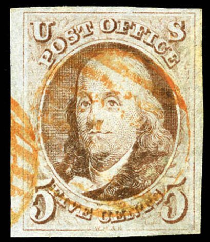 Price of US Stamp Scott Cat. #1: 1847 5c Franklin. Matthew Bennett International, Mar 2012, Sale 344, Lot 4186