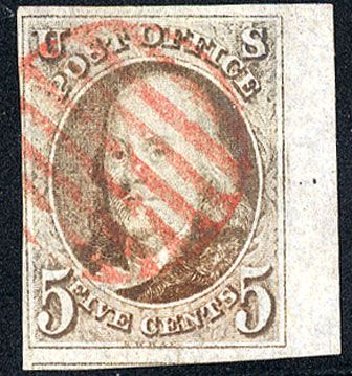US Stamps Prices Scott Catalogue 1: 5c 1847 Franklin. Cherrystone Auctions, Jan 2008, Sale 200801, Lot 1006