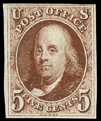 Prices of US Stamps Scott Catalog # 1: 1847 5c Franklin. Cherrystone Auctions, Jul 2008, Sale 200807, Lot 6