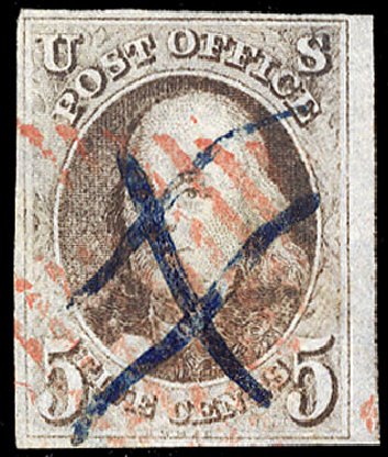 Value of US Stamp Scott Cat. 1: 1847 5c Franklin. Cherrystone Auctions, Jan 2009, Sale 200901, Lot 6