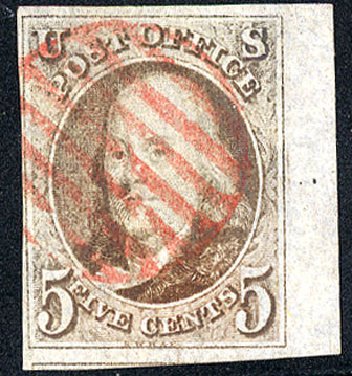 Costs of US Stamps Scott Catalogue 1: 1847 5c Franklin. Cherrystone Auctions, Jan 2010, Sale 201001, Lot 6
