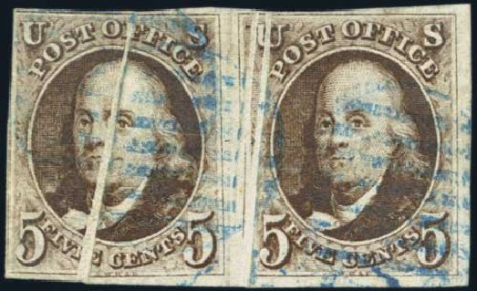 Price of US Stamp Scott Catalogue #1 - 1847 5c Franklin. Harmer-Schau Auction Galleries, Jan 2014, Sale 100, Lot 396