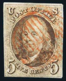Value of US Stamps Scott Cat. #1 - 5c 1847 Franklin. Harmer-Schau Auction Galleries, Aug 2014, Sale 102, Lot 1596