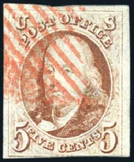 Values of US Stamps Scott Catalogue 1 - 1847 5c Franklin. Harmer-Schau Auction Galleries, Feb 2009, Sale 80, Lot 1076