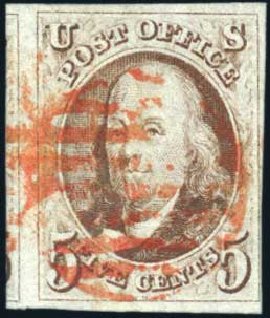 US Stamp Price Scott 1 - 1847 5c Franklin. Harmer-Schau Auction Galleries, Apr 2010, Sale 85, Lot 226