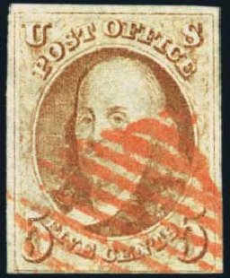 Cost of US Stamp Scott Catalogue #1 - 5c 1847 Franklin. Harmer-Schau Auction Galleries, May 2012, Sale 93, Lot 236