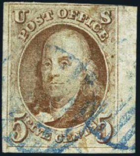 US Stamps Price Scott # 1 - 5c 1847 Franklin. Harmer-Schau Auction Galleries, Aug 2012, Sale 94, Lot 966