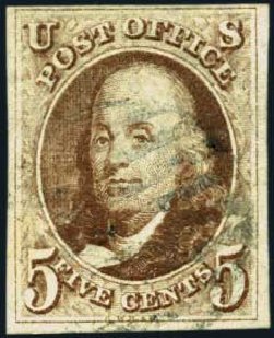 US Stamp Values Scott Catalogue 1: 5c 1847 Franklin. Harmer-Schau Auction Galleries, Jan 2013, Sale 96, Lot 376