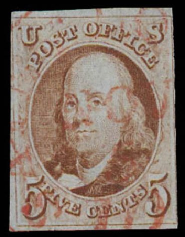 Price of US Stamps Scott 1: 1847 5c Franklin. Daniel Kelleher Auctions, Oct 2011, Sale 626, Lot 6