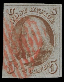 Values of US Stamps Scott Catalogue # 1: 1847 5c Franklin. Daniel Kelleher Auctions, Apr 2012, Sale 629, Lot 136