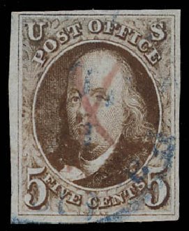 Value of US Stamps Scott Cat. 1 - 1847 5c Franklin. Daniel Kelleher Auctions, Jun 2012, Sale 630, Lot 1196