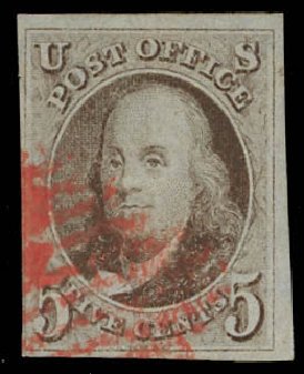 Values of US Stamp Scott Catalogue 1: 5c 1847 Franklin. Daniel Kelleher Auctions, Aug 2012, Sale 631, Lot 646