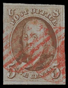 Cost of US Stamps Scott # 1: 5c 1847 Franklin. Daniel Kelleher Auctions, Oct 2012, Sale 632, Lot 916