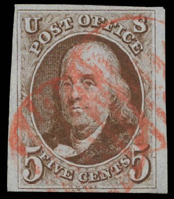 Values of US Stamp Scott #1: 5c 1847 Franklin. Daniel Kelleher Auctions, Feb 2013, Sale 634, Lot 506