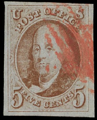 US Stamps Value Scott Cat. 1 - 1847 5c Franklin. Daniel Kelleher Auctions, Feb 2013, Sale 634, Lot 516