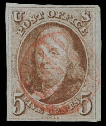 Value of US Stamp Scott Cat. 1: 1847 5c Franklin. Daniel Kelleher Auctions, Feb 2013, Sale 634, Lot 526