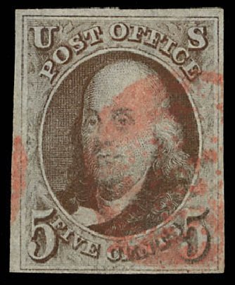 Values of US Stamps Scott Catalog #1: 1847 5c Franklin. Daniel Kelleher Auctions, Feb 2013, Sale 634, Lot 546