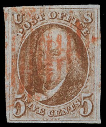 Cost of US Stamp Scott Catalogue # 1: 1847 5c Franklin. Daniel Kelleher Auctions, Feb 2013, Sale 634, Lot 616