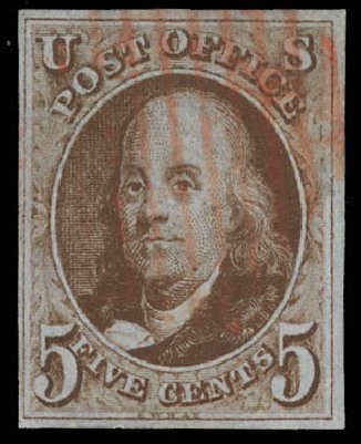 US Stamp Prices Scott #1 - 1847 5c Franklin. Daniel Kelleher Auctions, Feb 2013, Sale 634, Lot 626