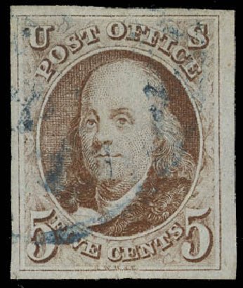 Cost of US Stamp Scott Cat. #1 - 5c 1847 Franklin. Daniel Kelleher Auctions, Feb 2013, Sale 634, Lot 706