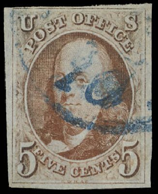 US Stamps Value Scott Catalog # 1: 5c 1847 Franklin. Daniel Kelleher Auctions, Feb 2013, Sale 634, Lot 716