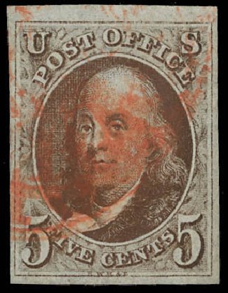US Stamps Price Scott # 1 - 5c 1847 Franklin. Daniel Kelleher Auctions, Feb 2013, Sale 634, Lot 726