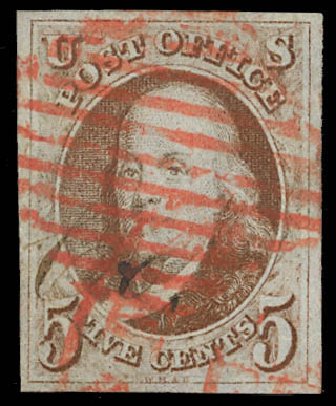 US Stamps Prices Scott Cat. #1: 1847 5c Franklin. Daniel Kelleher Auctions, Feb 2013, Sale 634, Lot 786