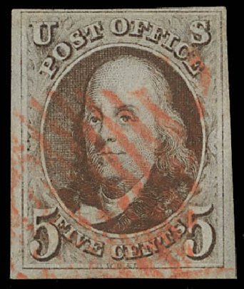 Values of US Stamp Scott #1: 5c 1847 Franklin. Daniel Kelleher Auctions, Feb 2013, Sale 634, Lot 796