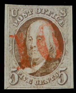 Prices of US Stamps Scott # 1: 5c 1847 Franklin. Daniel Kelleher Auctions, Sep 2013, Sale 639, Lot 3046