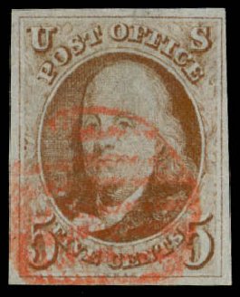 US Stamps Prices Scott Catalogue #1: 5c 1847 Franklin. Daniel Kelleher Auctions, Sep 2013, Sale 639, Lot 3056