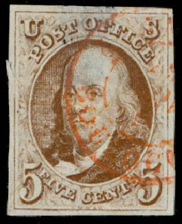 Costs of US Stamp Scott # 1: 1847 5c Franklin. Daniel Kelleher Auctions, Sep 2013, Sale 639, Lot 3066