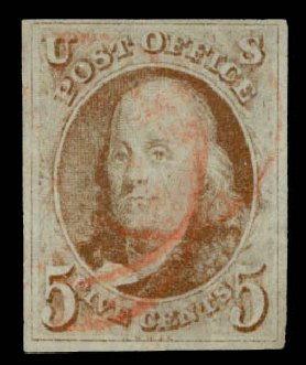 Value of US Stamps Scott 1 - 5c 1847 Franklin. Daniel Kelleher Auctions, May 2014, Sale 652, Lot 36