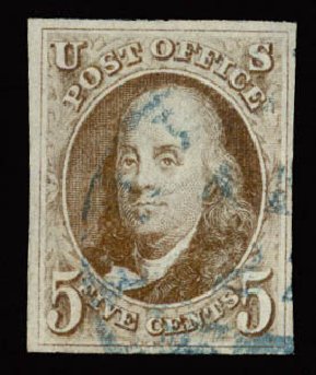 Values of US Stamp Scott Catalog #1: 1847 5c Franklin. Daniel Kelleher Auctions, Sep 2014, Sale 655, Lot 126