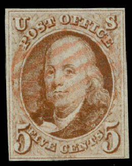 US Stamp Values Scott # 1 - 1847 5c Franklin. Daniel Kelleher Auctions, May 2015, Sale 669, Lot 2346