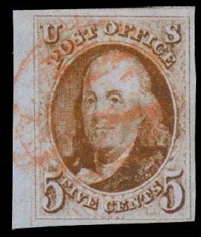 Cost of US Stamp Scott Catalog # 1 - 5c 1847 Franklin. Daniel Kelleher Auctions, Aug 2015, Sale 672, Lot 2086