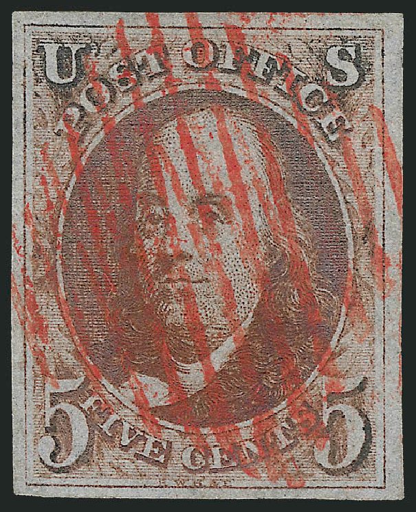 Costs of US Stamps Scott Catalogue # 1: 5c 1847 Franklin. Robert Siegel Auction Galleries, Dec 2011, Sale 1017, Lot 46