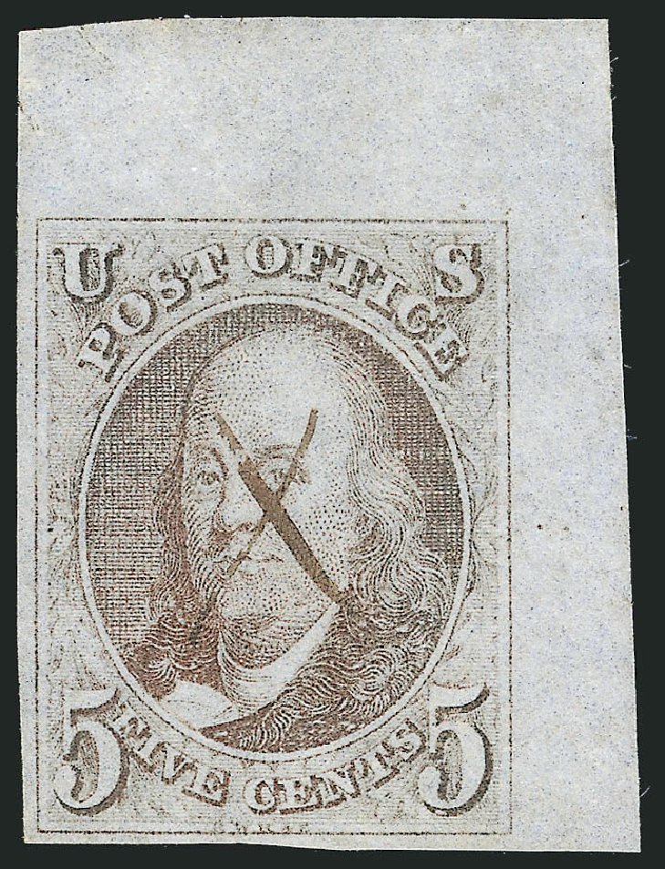 US Stamp Values Scott Catalogue # 1: 5c 1847 Franklin. Robert Siegel Auction Galleries, Apr 2012, Sale 1023, Lot 2056