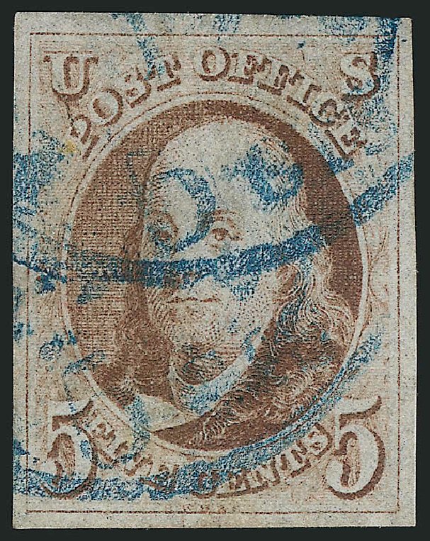 US Stamp Values Scott Catalog #1 - 1847 5c Franklin. Robert Siegel Auction Galleries, Mar 2014, Sale 1067, Lot 846