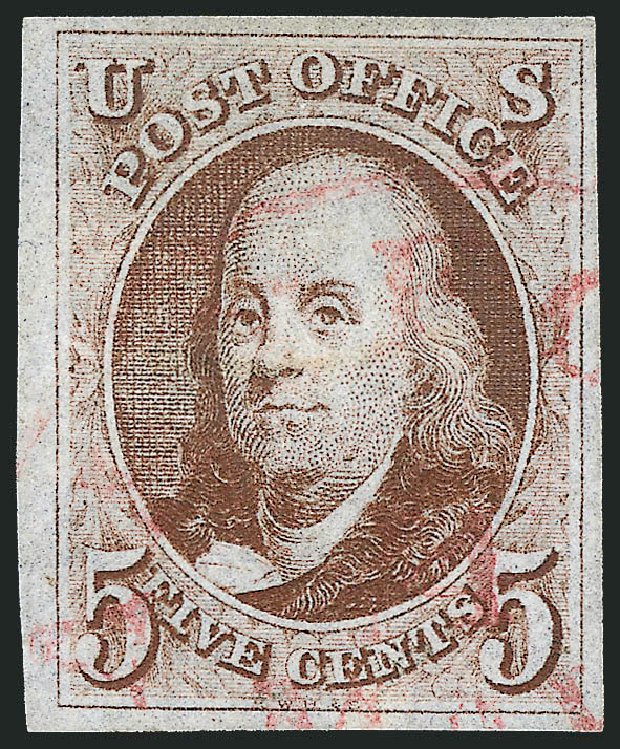 Values of US Stamp Scott Catalogue #1: 5c 1847 Franklin. Robert Siegel Auction Galleries, Sep 2008, Sale 962, Lot 2186