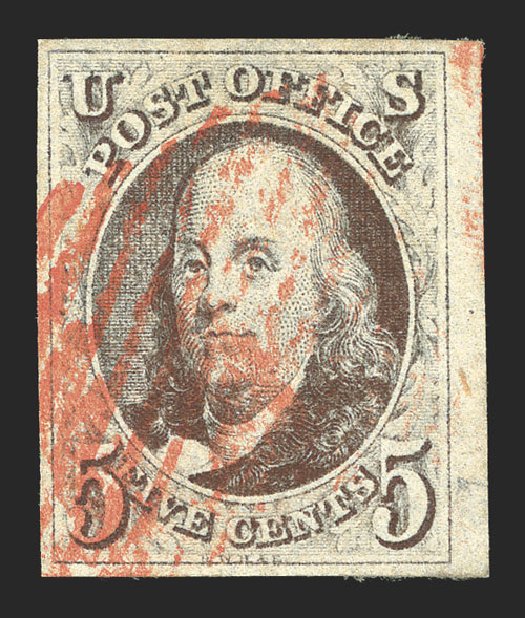 US Stamps Price Scott Catalog 1 - 1847 5c Franklin. Spink Shreves Galleries, Mar 2013, Sale 142, Lot 126