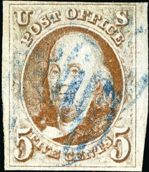 Costs of US Stamps Scott Catalogue 1: 5c 1847 Franklin. Spink Shreves Galleries, Jan 2015, Sale 150, Lot 6