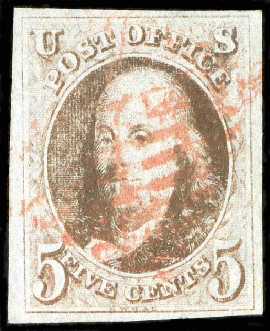 US Stamp Values Scott Catalogue # 1: 5c 1847 Franklin. Spink Shreves Galleries, Jul 2015, Sale 151, Lot 6