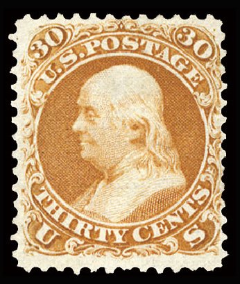 Costs of US Stamps Scott #100 - 30c 1868 Franklin Grill. Cherrystone Auctions, May 2013, Sale 201305, Lot 68