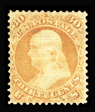 Value of US Stamp Scott Catalog #100: 1868 30c Franklin Grill. Cherrystone Auctions, Jan 2015, Sale 201501, Lot 138