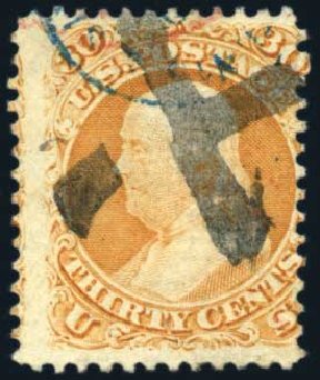 Value of US Stamps Scott 100: 30c 1868 Franklin Grill. Harmer-Schau Auction Galleries, Feb 2010, Sale 84, Lot 1368