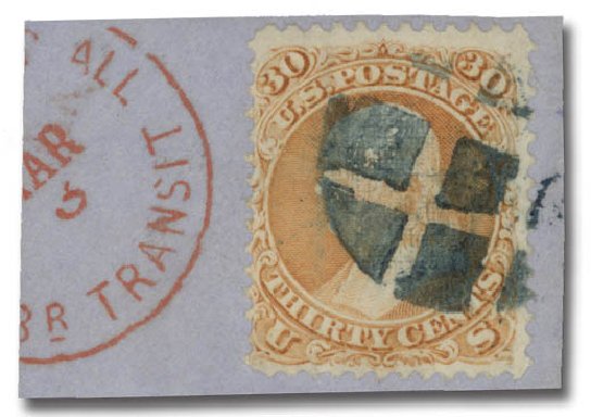 Costs of US Stamps Scott Catalog 100 - 1868 30c Franklin Grill. Daniel Kelleher Auctions, May 2015, Sale 669, Lot 2548