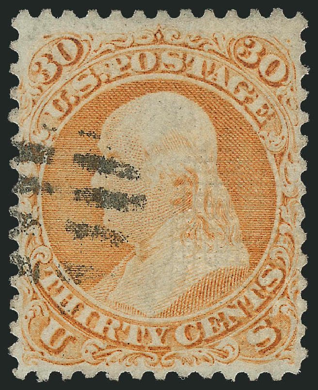 Costs of US Stamps Scott Catalog # 100 - 30c 1868 Franklin Grill. Robert Siegel Auction Galleries, Nov 2013, Sale 1061, Lot 3518