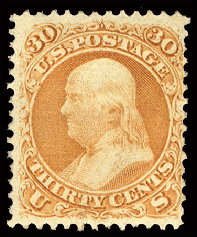 US Stamp Price Scott Catalogue 100 - 1868 30c Franklin Grill. Cherrystone Auctions, May 2013, Sale 201305, Lot 69