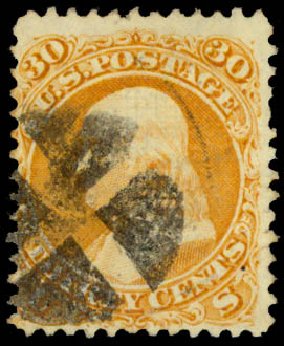 US Stamps Price Scott #100: 1868 30c Franklin Grill. Daniel Kelleher Auctions, May 2015, Sale 669, Lot 2549