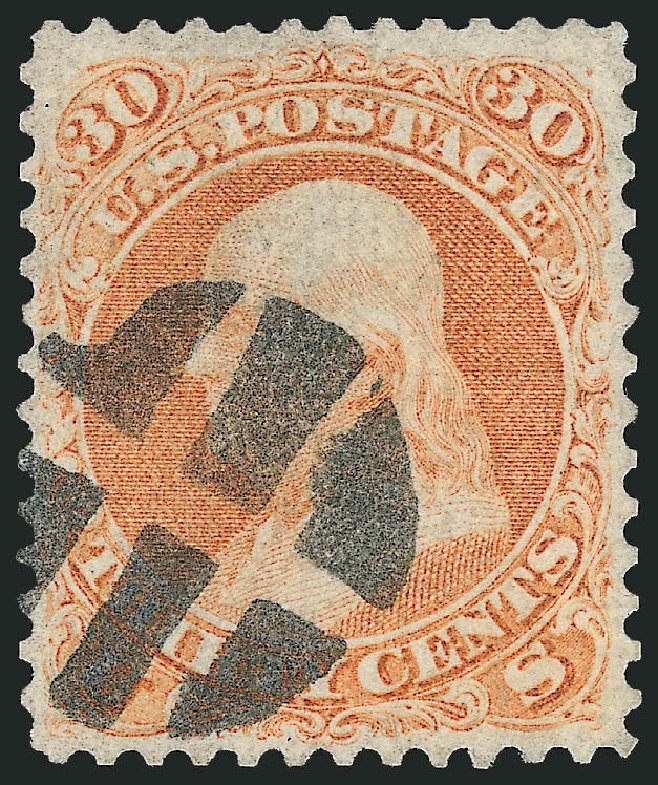 US Stamps Values Scott Cat. #100 - 1868 30c Franklin Grill. Robert Siegel Auction Galleries, Mar 2014, Sale 1067, Lot 1089